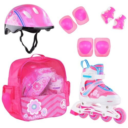 Набор роликовые коньки раздвижные FLORET White Pink Blue, шлем, набор защиты, в сумке (M: 35-38) Alpha Caprice