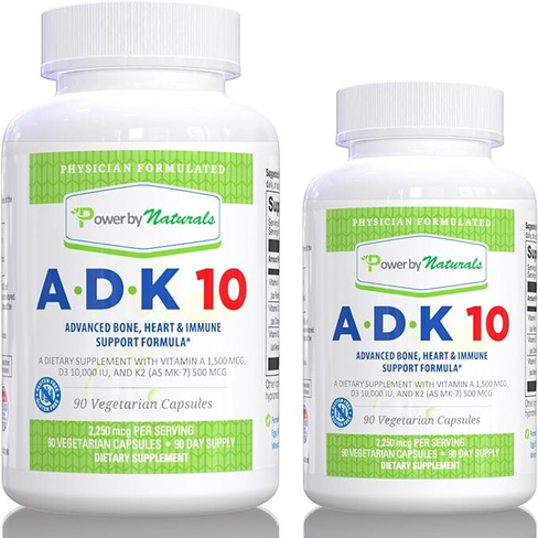 Power By Naturals ADK 10 — витаминные добавки с витамином А, 2 бутылки по 90 вегетарианских капсул в каждой