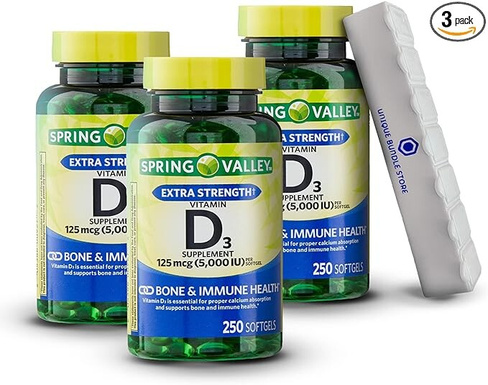 Spring Valley, Мягкие таблетки с витамином D3, 5000 МЕ, 250 штук + органайзер для таблеток на 7 дней (3 шт. в упаковке)