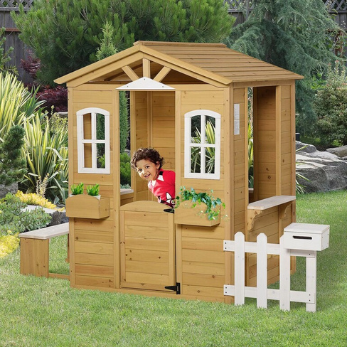 Outsunny уличный игровой домик для детей, деревянный коттедж с рабочими дверями, окнами и почтовым ящиком, ролевой игров