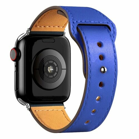 Кожаный ремешок для Apple Watch series 3 4 5 6 7 8 9 SE, в корпусах 42, 44, 45, 49. Синий / Blue Root Habitant